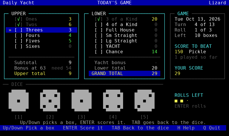 Daily Yacht dice and scorecard screenshot