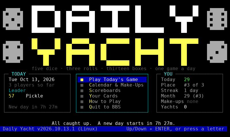 Daily Yacht title screen with today's leader, menu and your current stats