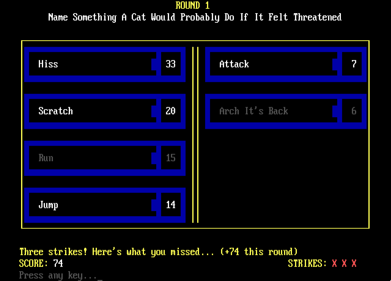 The Family Feud 26 main menu, showing today's top three scores, the month leader, and the all-time points leader.