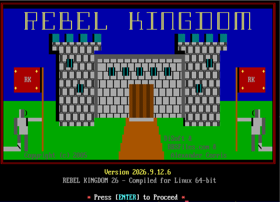 Rebel Kingdom 26 title screen: a grey stone castle with a wooden gate under a blue sky, two red RK banners, and the words Version 2026.9.12.6 below.